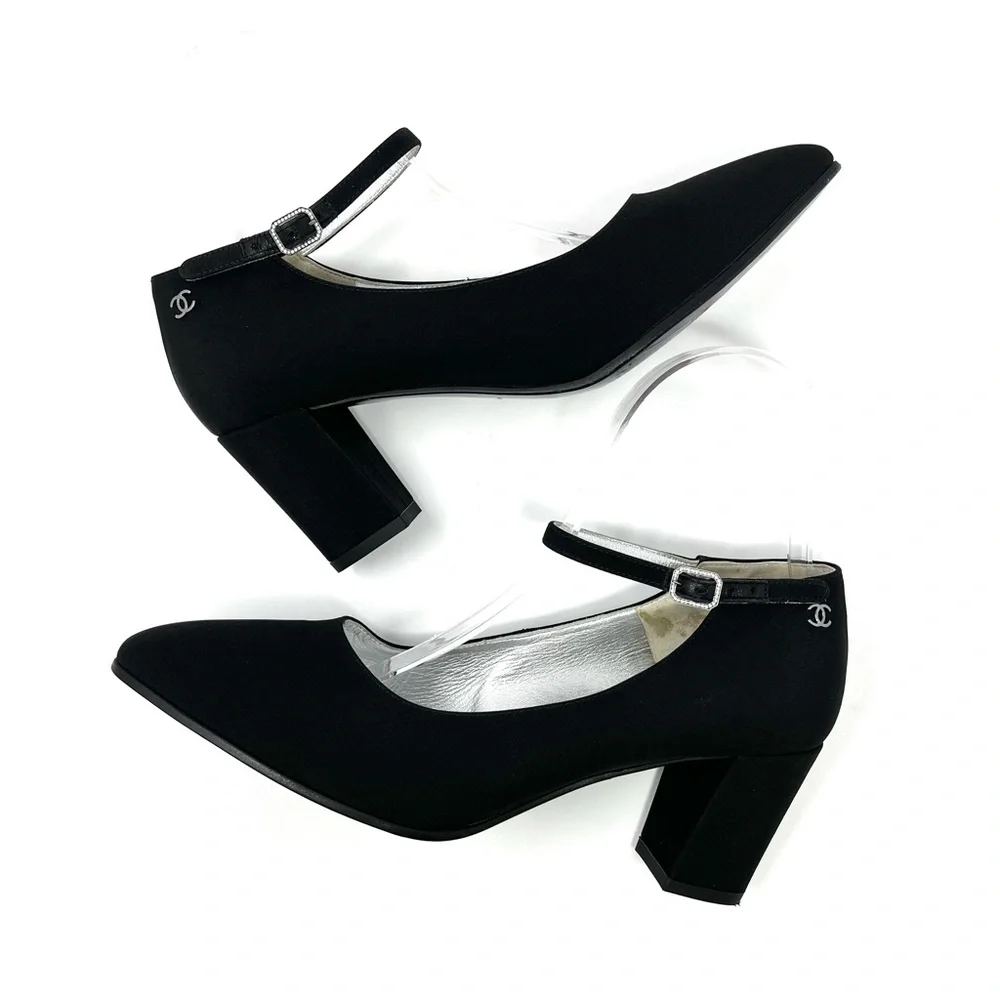 Chanel Black Satin Silver CC Logo Mary Jane Janes High Heels Pumps 37 6 6.5